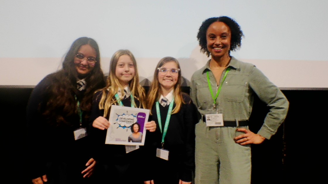 Year 7 students with a workshop certificate alongside Gemma Hunt